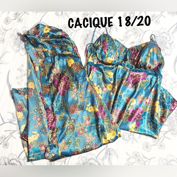 Cacique Floral Satin Chemise and Robe in Teal and Gold EUC 18/20 - Picture 1 of 8